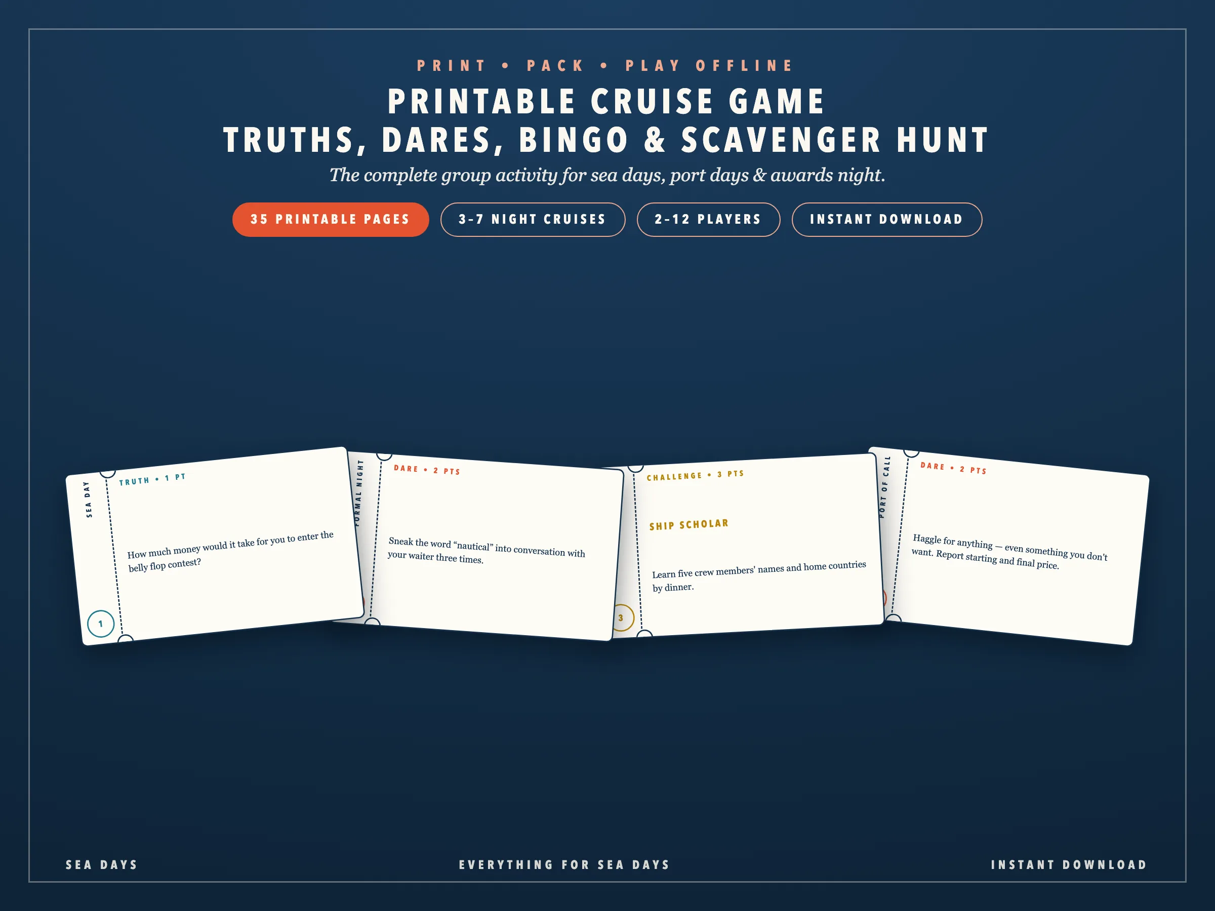 Sea Days printable cruise game with sample truth, dare, bingo, and scavenger-hunt cards
